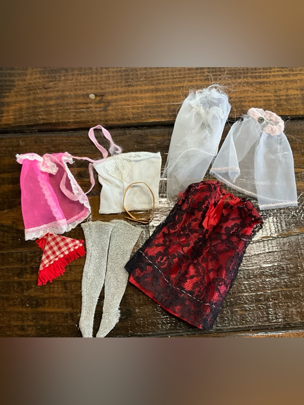 Vintage Lot of 8 Assorted Barbie Doll Type Clothes Nightgown Apron Veil MCM